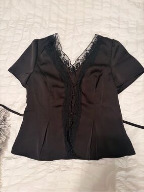 Black Lace-Trim Satin Women's Top